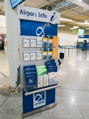 Athens, Greece - February, 11 2020: Athens International Airport Eleftherios Venizelos. Info board for passengers in the departure hall of the main terminal.