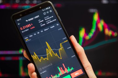 Ukraine, Odessa - June, 1 2021: Trading pair DOGE USDT at Binance mobile app running at smartphone screen with trading page in background. Binance is cryptocurrency exchange and trading platform.