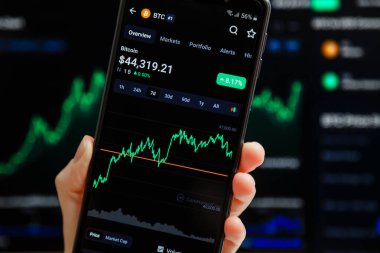 Ukraine, Odessa - October, 9 2021: Trading pair BTC USD at CoinMarketCap mobile app running at smartphone screen, trading candlestick chart in background. World trusted cryptocurrency data authority.