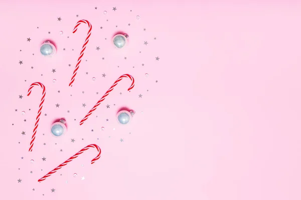 Christmas Flat Lay Christmas Candy Canes Silver Balls Glitter Confetti — Stockfoto