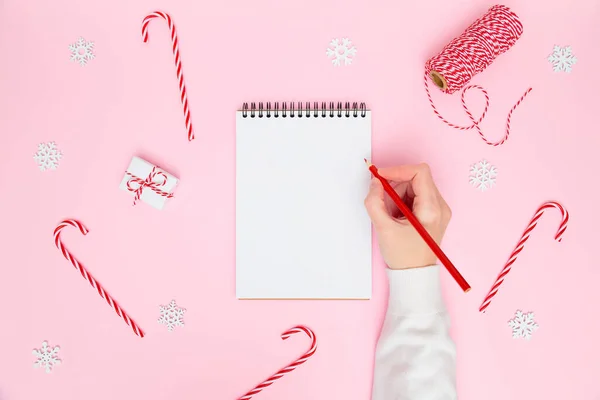 Christmas Cozy Background Female Hand Writing Blank Notebook Festive Decorations — Stock Photo, Image