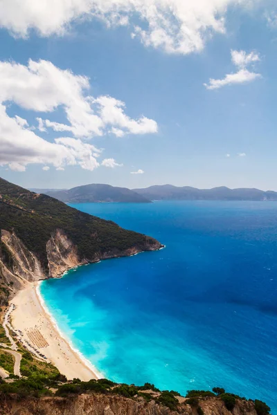 Vista Aérea Praia Myrtos Fantástica Turquesa Azul Água Mar Jónico — Fotografia de Stock