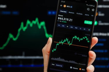 Ukrayna, Odessa - Ekim 9, 2021: CoinMarketCap mobil uygulamasında akıllı telefon ekranında çalışan ticari çift BTC USD, arka planda şamdan şeması ticareti. Dünyanın güvenilir kripto para birimi veri yetkisi