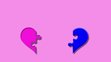 Sevgililer Günün kutlu olsun. Yarı mavi kalp ile yarı pembe kalp birbirine kenetlenmiş bulmaca animasyonu. Aşk konsepti..