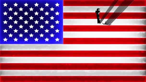 Sendero Luz Graba Silueta Estatua Libertad Fondo Con Bandera Americana — Vídeo de stock