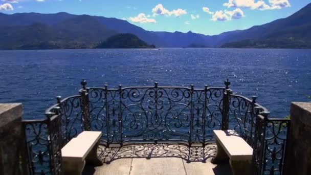 Terrace Looking Lake Como Bellagio Background Panorama Travels Italy Alps — стокове відео