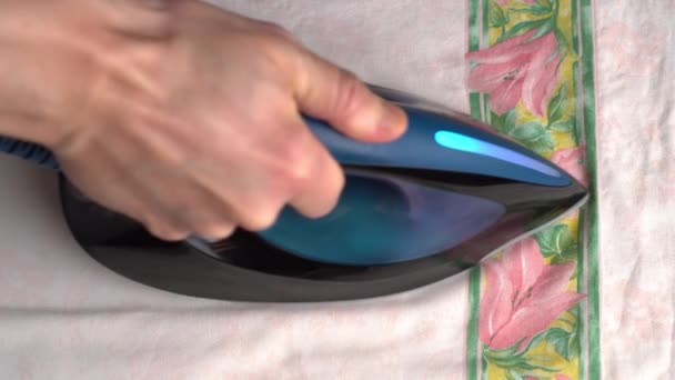 Close Male Hands Ironing Clothes Steam Iron Ironing Board Young — Wideo stockowe