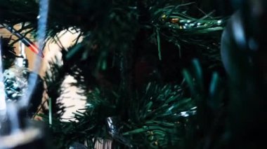 Renkli ışıklarla süslenmiş kabarık bir Noel ağacı. Noel için süslemelerden parlayan ışık. Güzel yeşil ladin dalları. Yeni yılın sıcak atmosferi. 