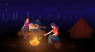 Doğada gitar ve çadırla rahatlayan etnik arkadaşların vektör çizimi