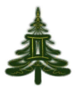 Noel ağacı ve zodyak ikizinin işareti. Noel ağacının silueti izole edilmiş. Kabarık desenli Noel ağacı. Yılbaşı kartı için tasarım malzemesi. İkizler burcu. Yeni yıl kartı, davetiye, kapak, afiş, broşür..