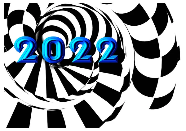2022年 黒と白の螺旋 2022年の数字と黒と白の縞模様のスパイラル 2022年 3Dイラスト 白い背景に黒い抽象化 ダーツボードだ スタイリッシュなダーツボード 黒と白のスパイラル 表面の縞 — ストック写真
