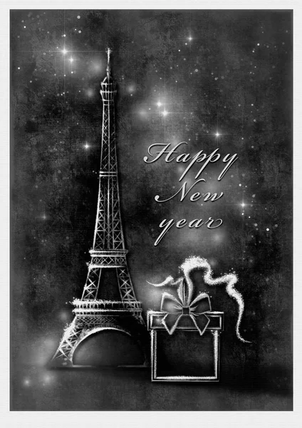 Black White Happy New Year Card Vintage Interior Poster Paris — Stock Photo, Image