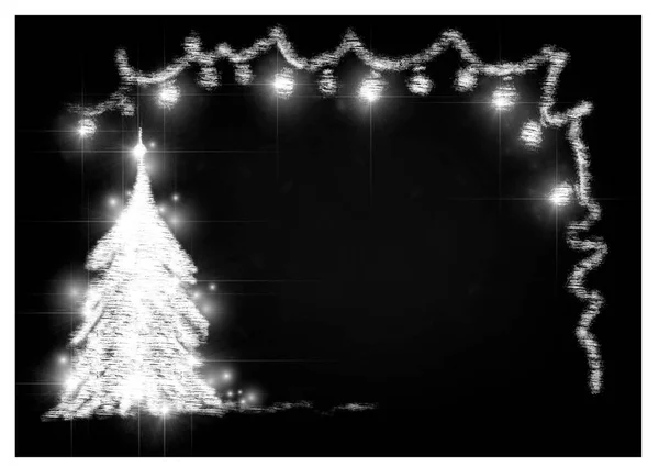 Árvore Natal Desenhada Giz Branco Árvore Natal Com Luzes Brilhantes — Fotografia de Stock