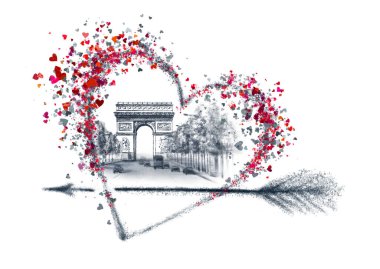 Paris 'i seviyorum. Zafer kemeriyle illüstrasyon. Paris 'in iç mimarisi. Panorama, manzara. Siyah beyaz siluet. Fransa 'nın simgesi olan bir kartpostal. Yolculuk. Sevgililer Günü. Oklu bir kalp. Kalp ikonu. Etiket, pankart, kapak. Valentine kartı.