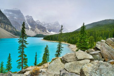 Moraine Gölü 'nün güzel turkuaz suları Banff Ulusal Parkı, Alberta, Kanada