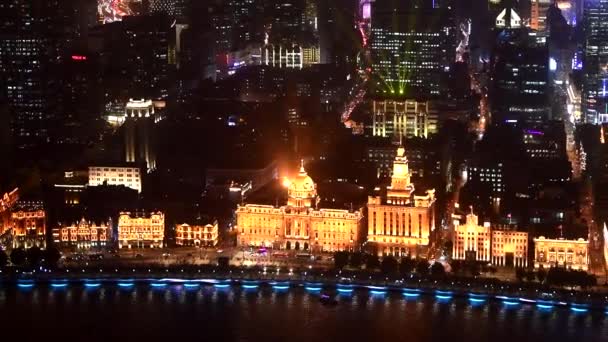 Stare Budynki Kolonialne Wzdłuż Bund Szanghaju Chiny Nocy — Wideo stockowe