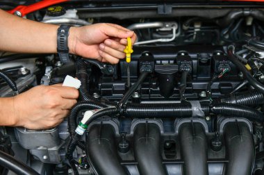 Profesyonel bir tamirci yağ çubuğunu tutuyor. Araba motorundaki yağ seviyesini kontrol ediyor.