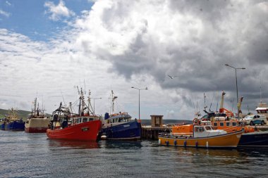 Denizde Gemi, Vahşi Atlantik Yolu, Iveragh Yarımadası Çevresi, uçurumlar boyunca seyahat, Kerry kıyı şeridi, İrlanda, 2 Temmuz 2016