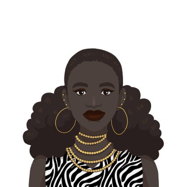 Koyu tenli Afrikalı Kadın 'ın Altın Aksesuar Giyen Vector Illustration' ı. Avatarlar için harika. Resim beyaza izole edildi.