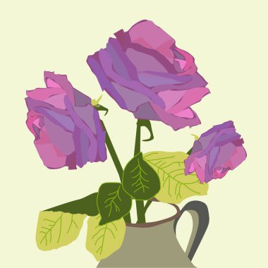 Açık sarı arkaplanda vazoda güller olan bir resim.