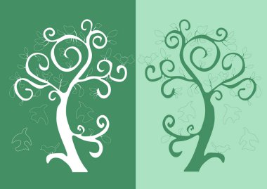  Kuşlarla dekoratif şekillendirilmiş ağaçların vektör çizimi.