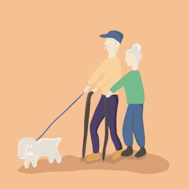 Köpeği gezdiren yaşlı bir çift..