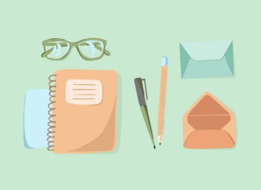 Mektup yazmak için nesnelerin vektör illüstrasyonu.