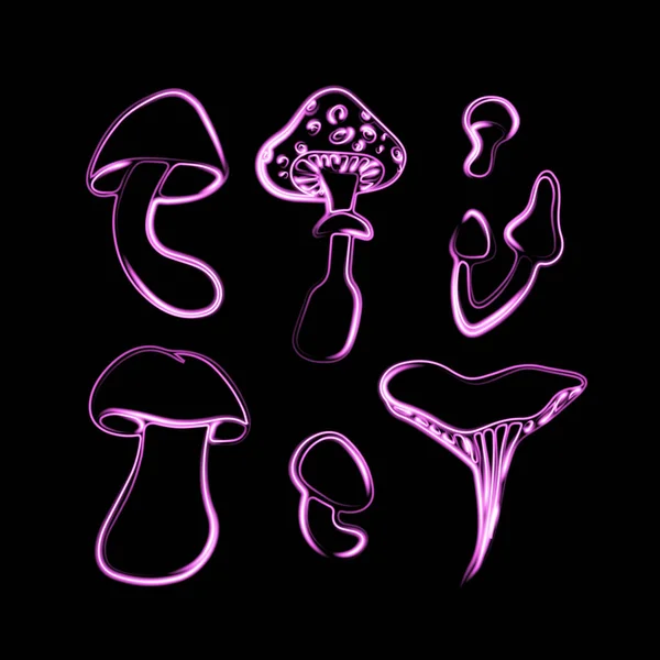 Set Various Mushrooms Neon Effect — Wektor stockowy