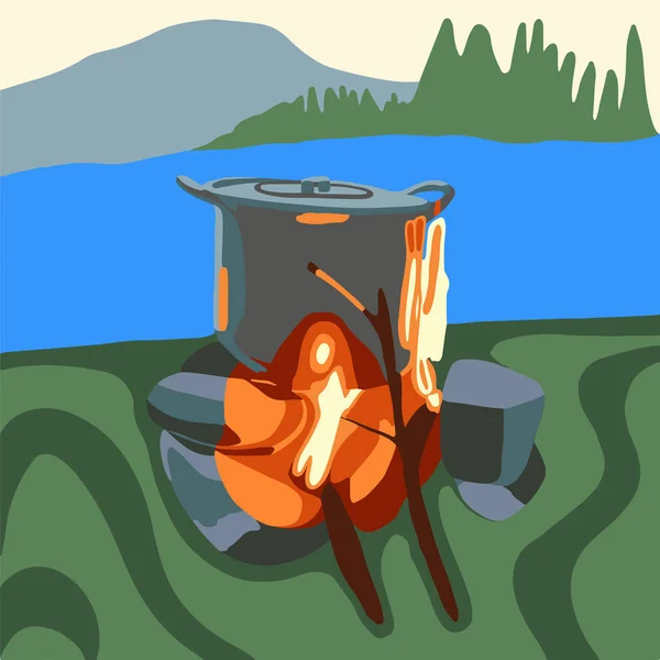 Cooking Food Campfire While Camping —  Vetores de Stock