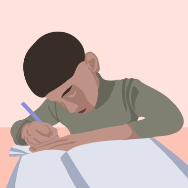 Vector illustration of a boy doing homework.