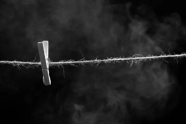 Black White Shot Jute Clothesline Clothes Pegs Clips Smoke Effect — Stock Photo, Image