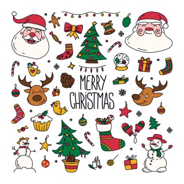 Yeni yıl çizimleri simgeler, büyük bir set klipsli sanat grafikleri. Noel tasarım unsurları. Çocukça şirin bir tarz. Vektör illüstrasyonu