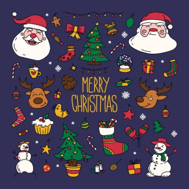 Yeni yıl çizimleri simgeler, büyük bir set klipsli sanat grafikleri. Noel tasarım unsurları. Çocukça şirin bir tarz. Vektör illüstrasyonu