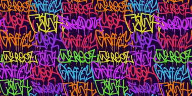 İşaretli harflerle graffiti arkaplanı, parlak renkli harf etiketi