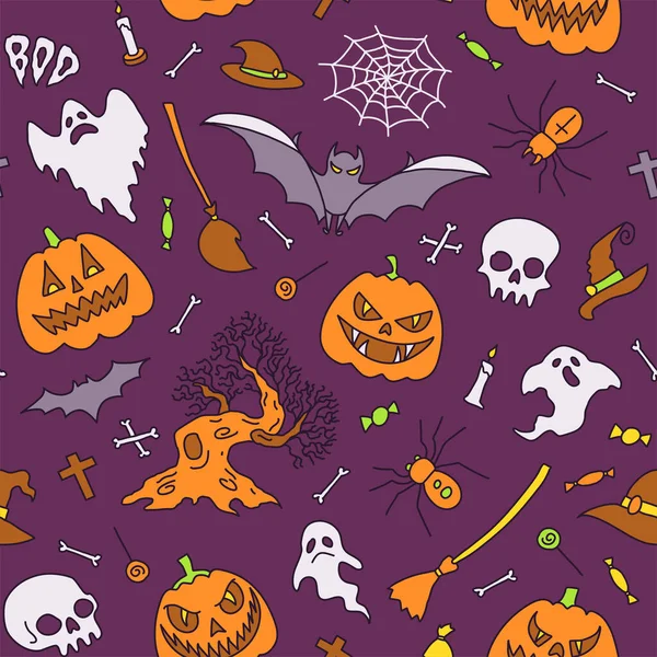 Elementos Fiesta Halloween Conjunto Iconos Estilo Dibujos Animados Patrón Sin — Archivo Imágenes Vectoriales