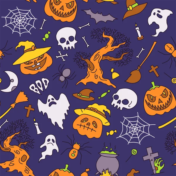 Elementos Fiesta Halloween Conjunto Iconos Estilo Dibujos Animados Patrón Sin — Vector de stock