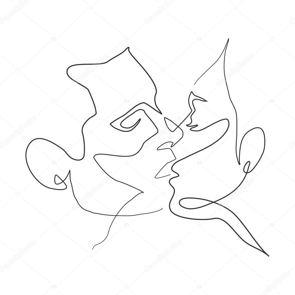 kissing man and woman. minimalistic one line style.