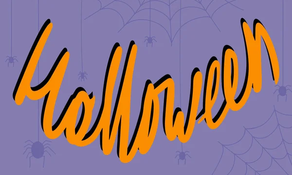 紫色の背景にオレンジ色のハロウィン碑文クモの背景に手書きのハロウィン碑文 — ストックベクタ