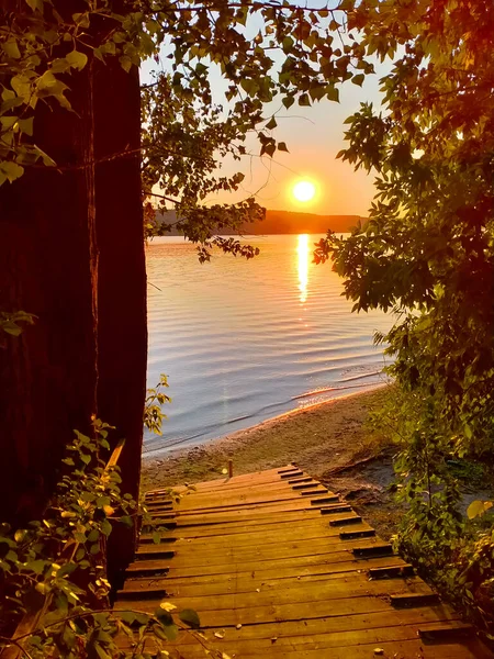 Strada in legno per la spiaggia attraverso le canne verso il tramonto — Foto Stock