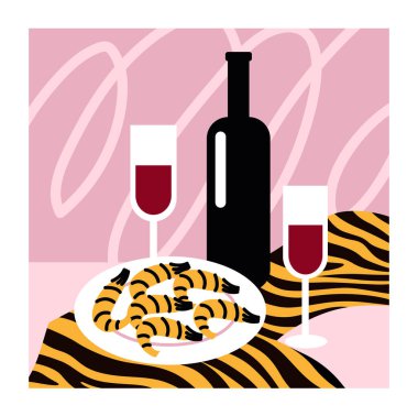 Wine, glasses and tiger prawns. Festive dinner. Design concept of holidays for brochures, flyers, presentations, leaflet, cover magazine. Vector hand drawn retro illustration vector Wine, glasses and tiger prawns. Festive dinner. Design concept of holidays for brochures, flyers, presentations, leaflet, cover magazine. Vector hand drawn retro illustration vector