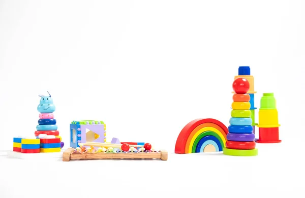 Jouets Bois Pour Bébé Collection Sur Fond Blanc — Photo