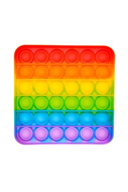 Beyaz arka planda izole edilmiş silikon gökkuşağı anti stres oyuncağı. Basit gamzeler, yetişkinler ve çocuklar için popüler modern stres rahatlama oyuncakları. Fidget çocuk oyuncağı, Pop Bubble Fidget.