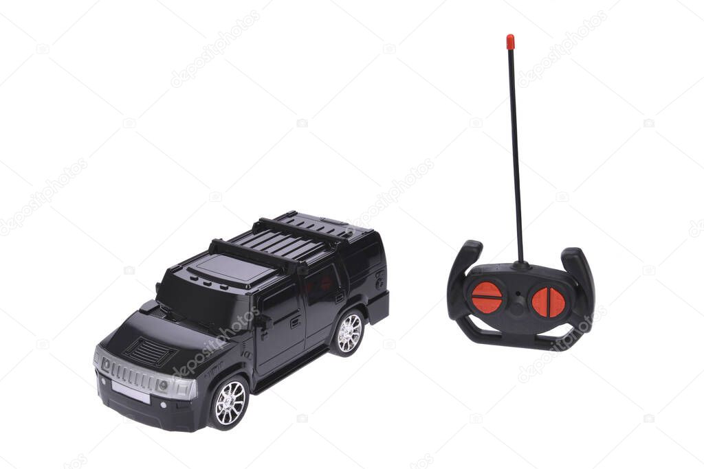 Toy black car on a white background