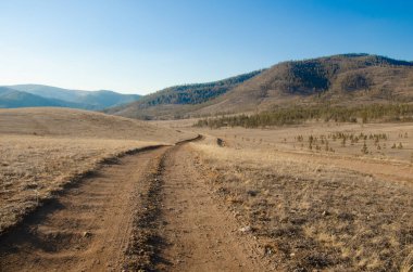 Dağlara kadar uzanan kumlu toprak yol. Arka planda dağlar ve kozalaklı ağaçlar var..
