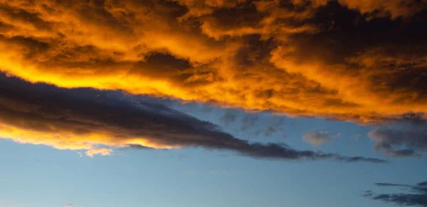 夕暮れ時に太陽の光でオレンジ色に塗られた、緑豊かな、重い雲。テクスチャ. — ストック写真