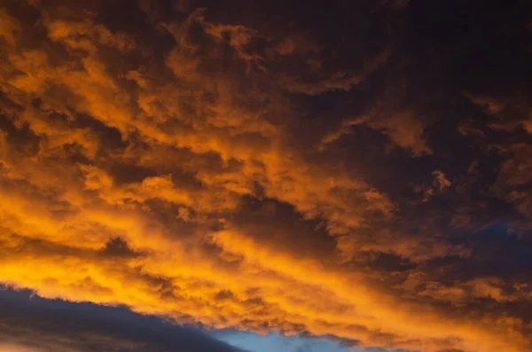 夕暮れ時に太陽の光でオレンジ色に塗られた、緑豊かな、重い雲。テクスチャ. — ストック写真