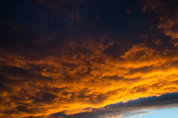 夕暮れ時に太陽の光でオレンジ色に塗られた、緑豊かな、重い雲。テクスチャ. — ストック写真