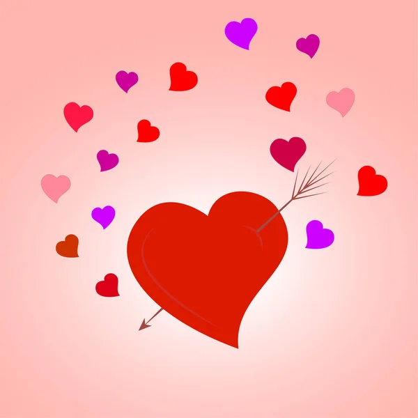 Red Large Heart Pierced Arrow Colored Hearts Pink Background Happy — Wektor stockowy