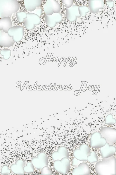 Silver Hearts Inscription Happy Valentine Day White Background Beautiful Template — Stock Vector