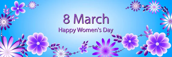 Pozdrav Března Fialovými Květy Modrém Pozadí Mezinárodní Den Žen Krásná — Stockový vektor